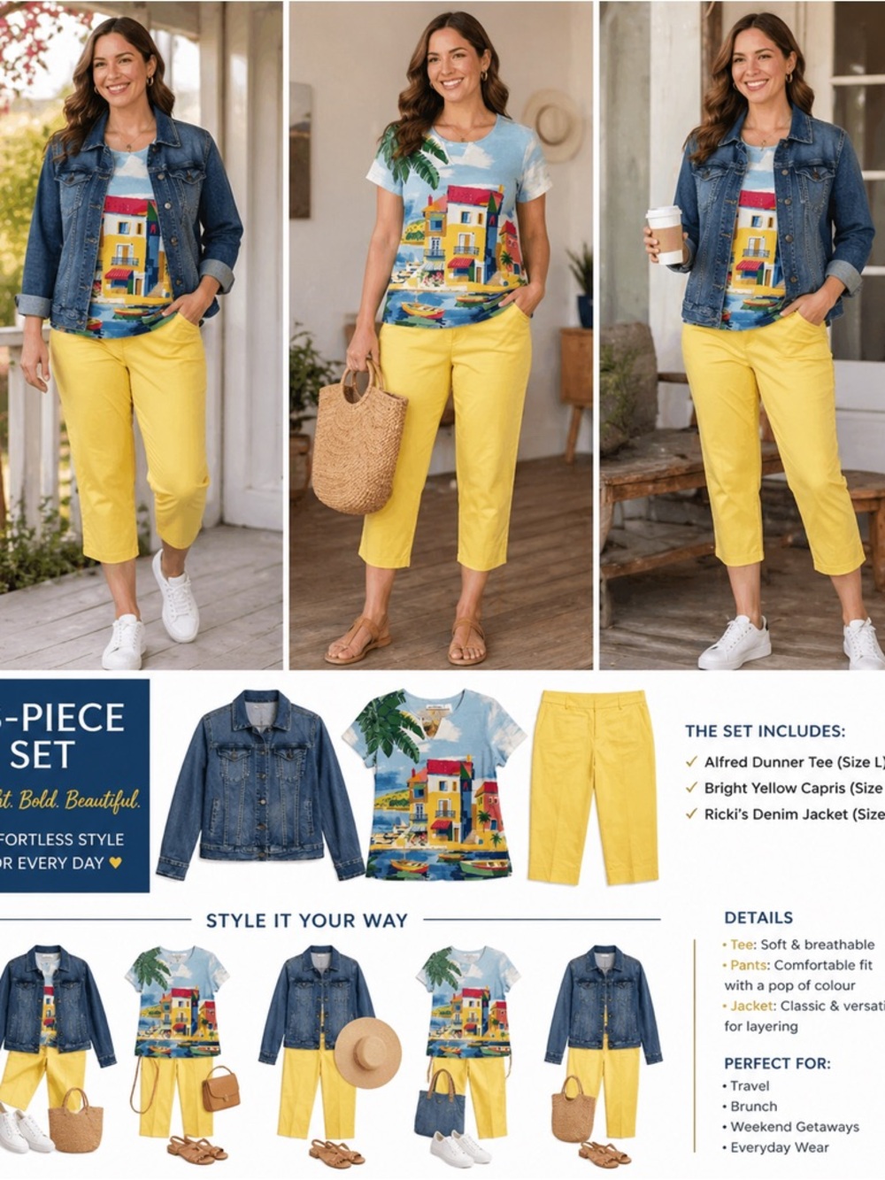 💛 3 PIECE SET | Denim Jacket + Coastal Print Top + Yellow Capris | Size L / 10P